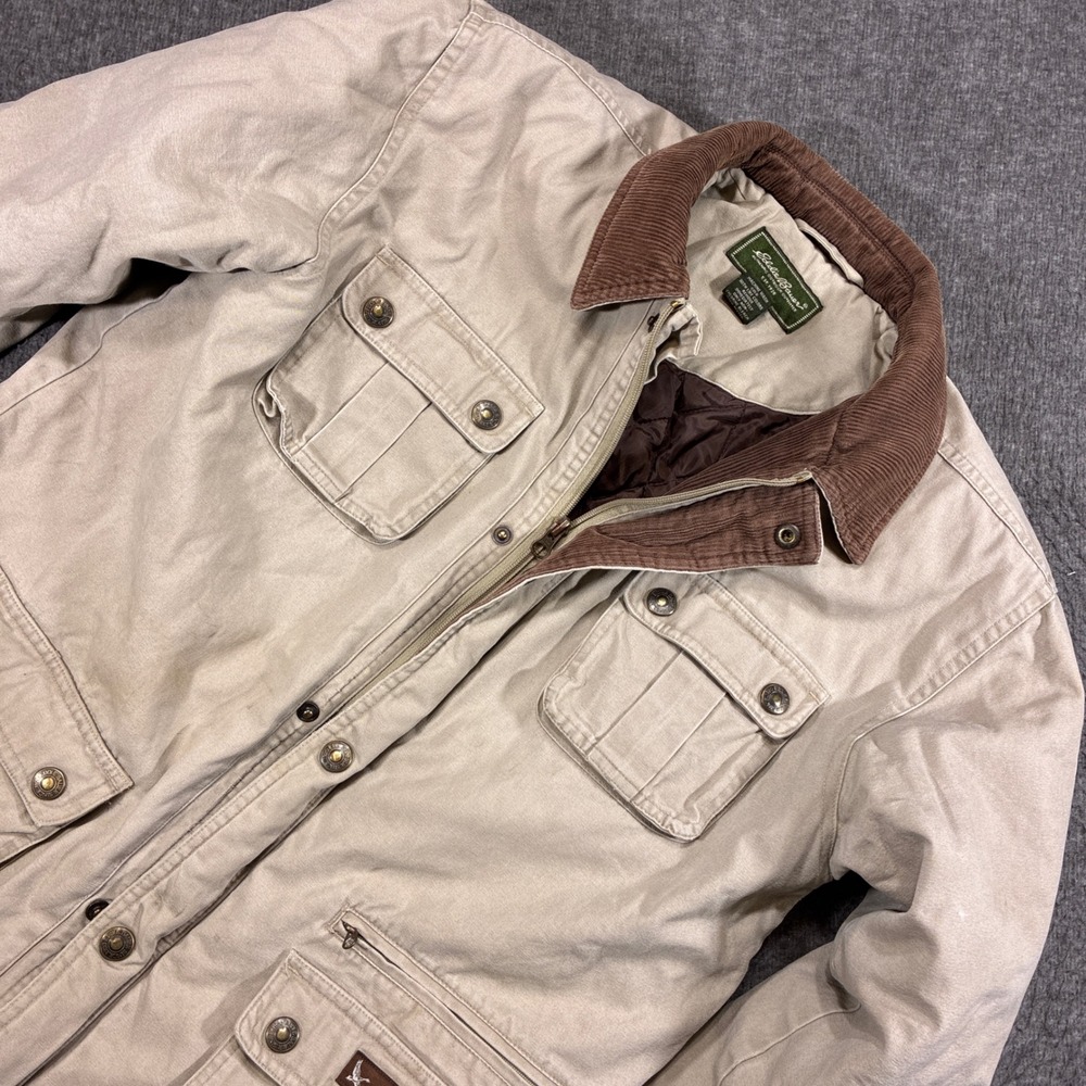 Eddie Bauer Barn Chore Work Coat Women 14/16 Tan Corduroy Trim Quilted Lining